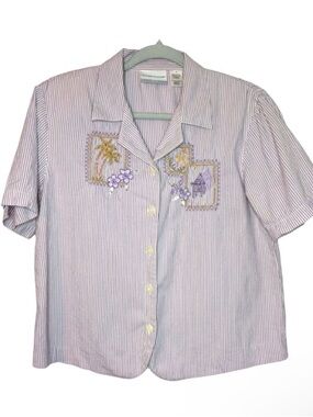Women's Alfred Dunner Purple and White Striped Button Up | Embroidered & Beaded